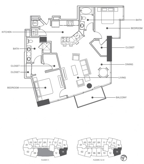Floor plan for 2 beds, 2 baths, 1204 sqft